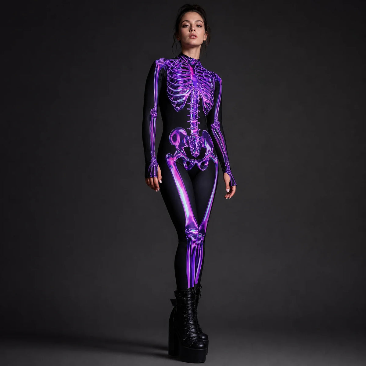 Women's Amethyst Purple Skeleton Costume | Elegant Horror-Themed Outfit for Halloween 2