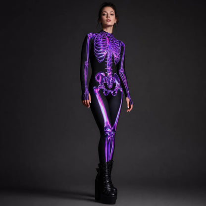 Women's Amethyst Purple Skeleton Costume | Elegant Horror-Themed Outfit for Halloween 2
