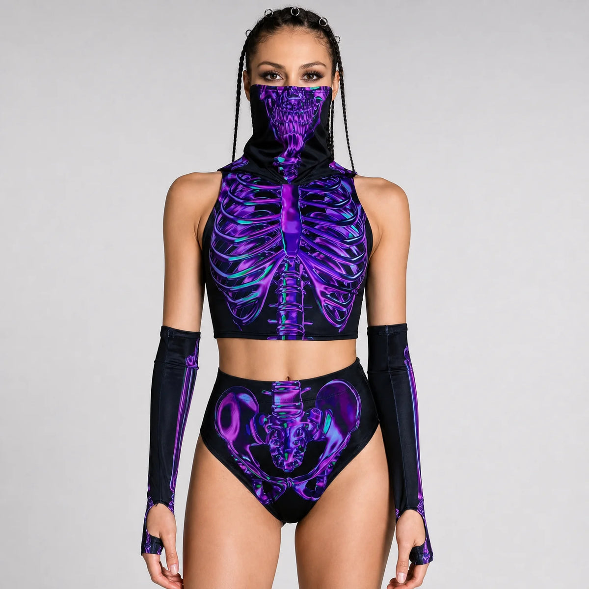 Women's Amethyst Skeleton Print Loungewear Set | Stylish Hooded Crop Top and High-Waist Booty Shorts 0