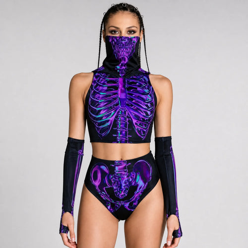 Women's Amethyst Skeleton Print Loungewear Set | Stylish Hooded Crop Top and High-Waist Booty Shorts 0