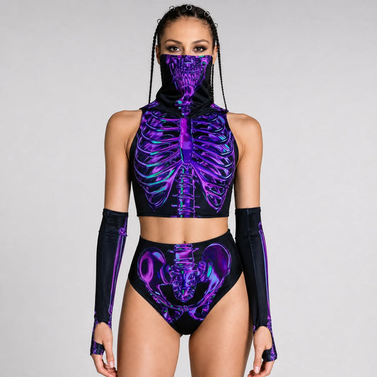 Women's Amethyst Skeleton Print Loungewear Set | Stylish Hooded Crop Top and High-Waist Booty Shorts 0