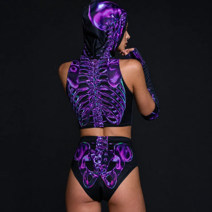 Women's Amethyst Skeleton Print Loungewear Set | Stylish Hooded Crop Top and High-Waist Booty Shorts 1