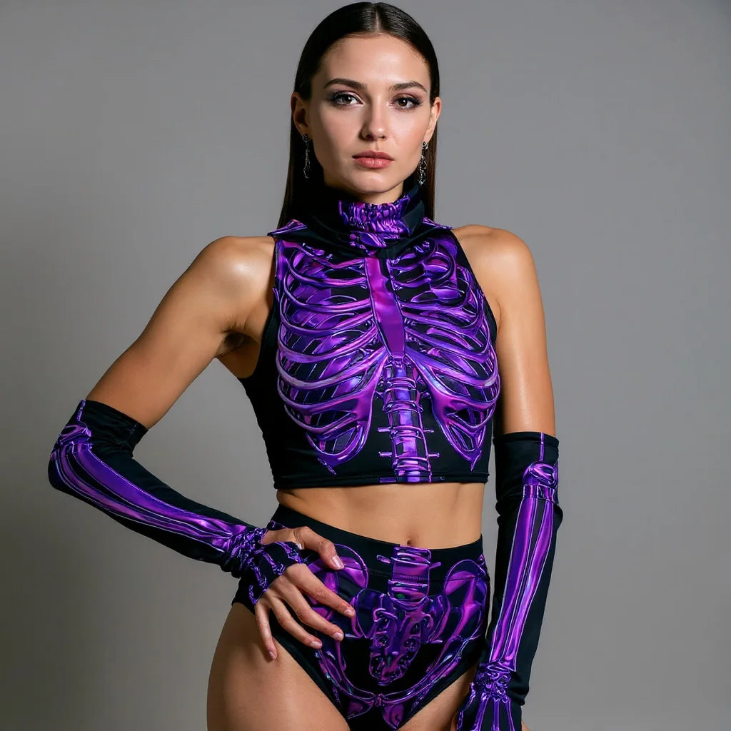 Women's Amethyst Skeleton Print Loungewear Set | Stylish Hooded Crop Top and High-Waist Booty Shorts 2