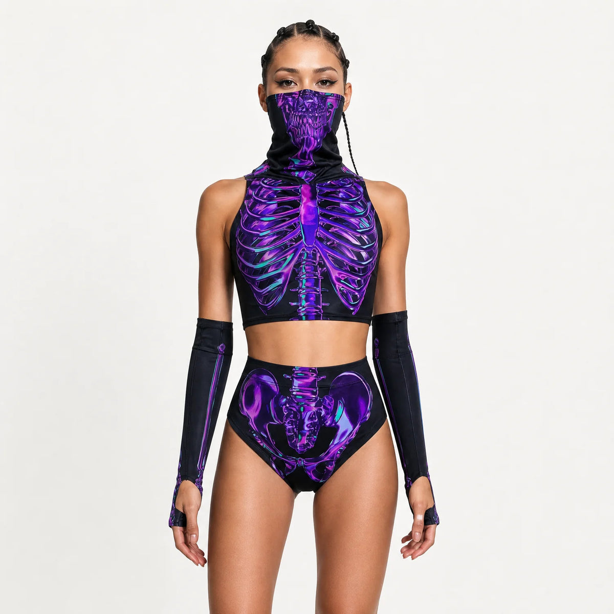 Women's Amethyst Skeleton Print Loungewear Set | Stylish Hooded Crop Top and High-Waist Booty Shorts 3