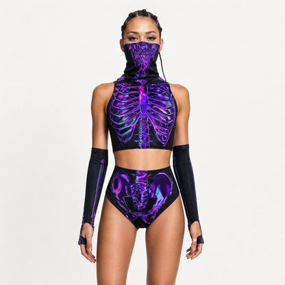 Women's Amethyst Skeleton Print Loungewear Set | Stylish Hooded Crop Top and High-Waist Booty Shorts 3