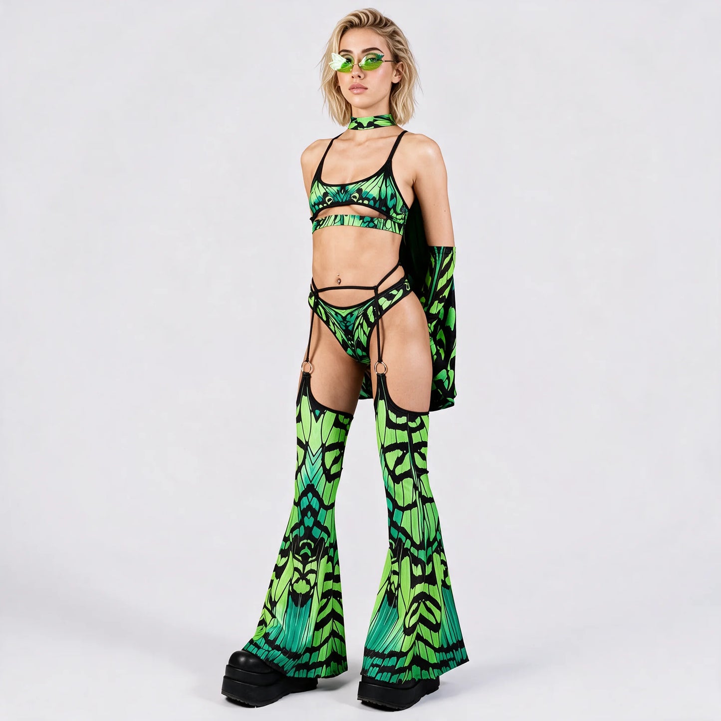 Women's Bold Mesh Rave Outfit | Fierce Underboob Top and Strappy O-Ring Chap Pants 1