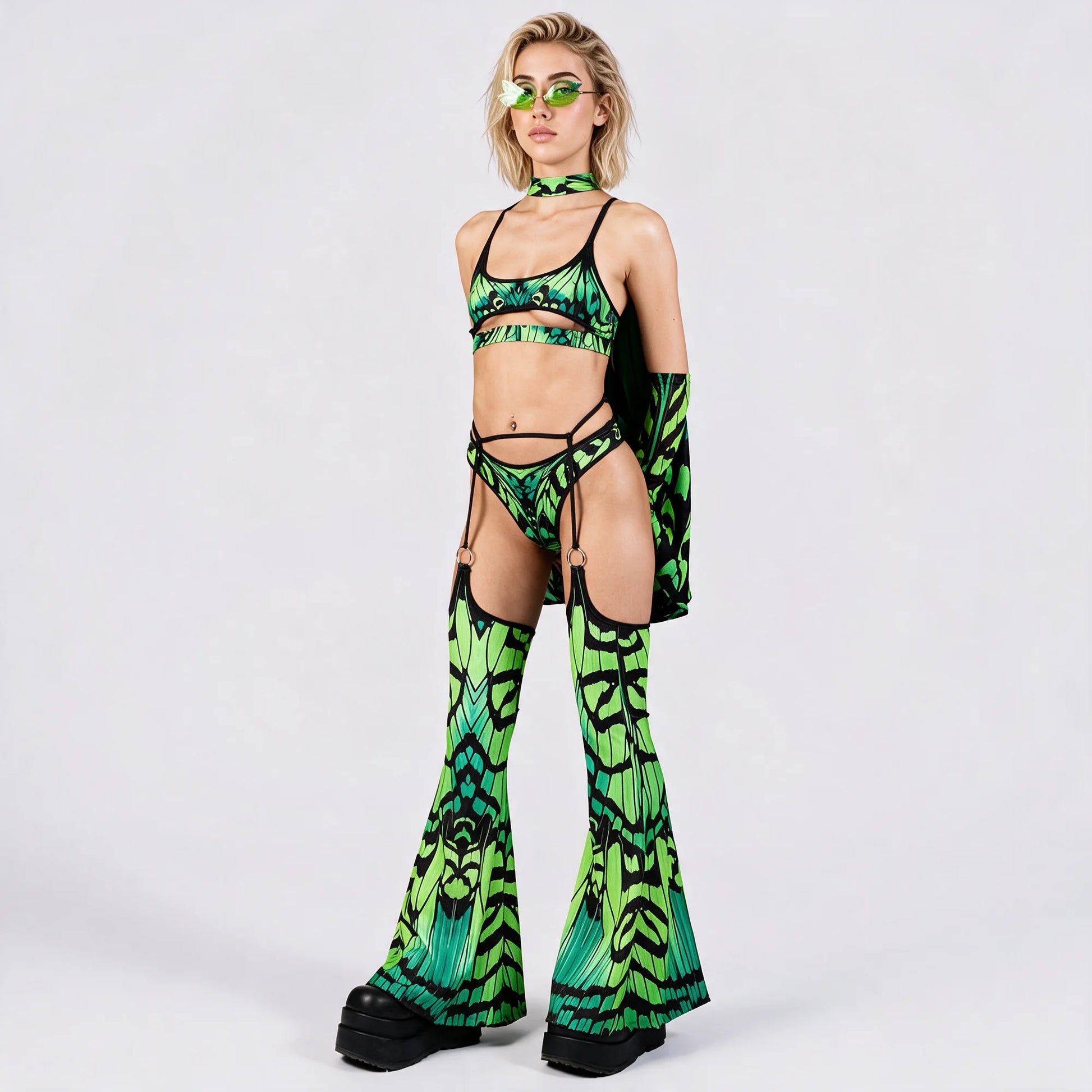 Women's Bold Mesh Rave Outfit | Fierce Underboob Top and Strappy O-Ring Chap Pants 1