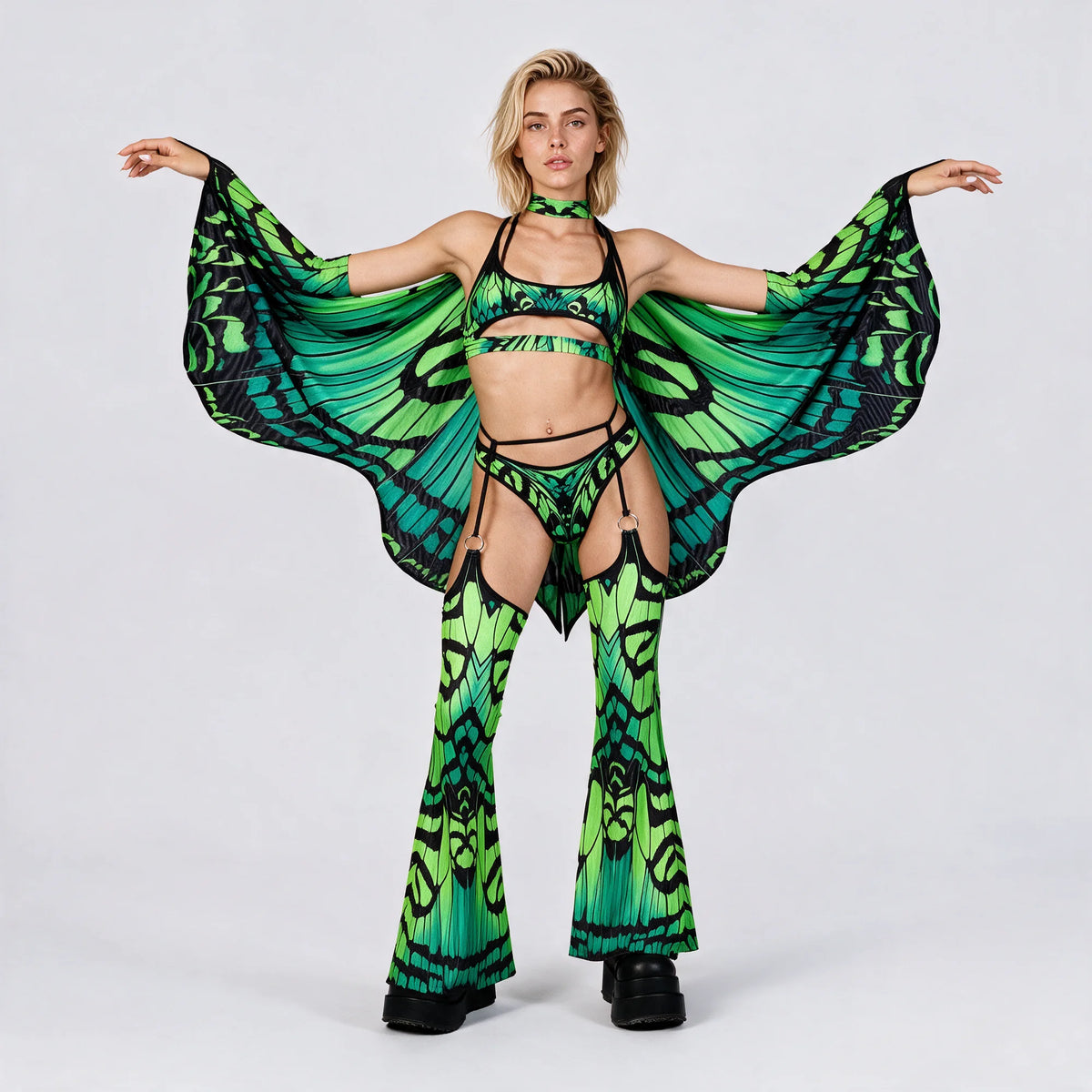 Women's Bold Mesh Rave Outfit | Fierce Underboob Top and Strappy O-Ring Chap Pants 2