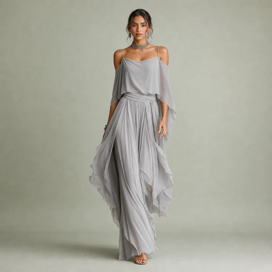 Women's Breathable Chiffon Outfit | Elegant Cold-Shoulder Flared Set 0