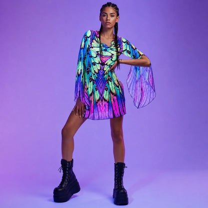 Women's Breathable Mesh Mini Dress | Colorful Rainbow Butterfly Print Summer Dress 0
