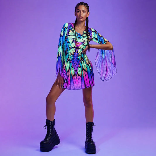 Women's Breathable Mesh Mini Dress | Colorful Rainbow Butterfly Print Summer Dress 0