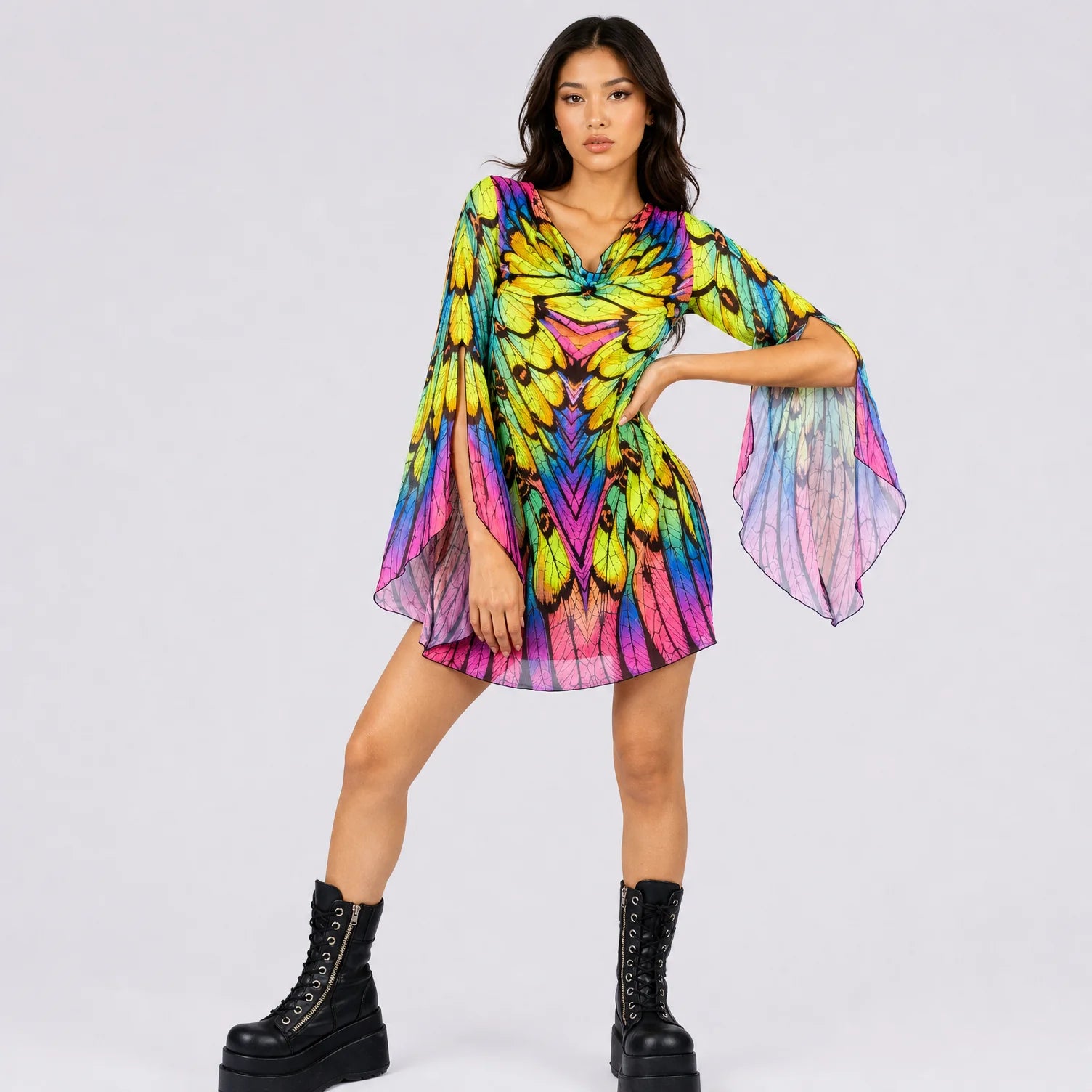 Women's Breathable Mesh Mini Dress | Colorful Rainbow Butterfly Print Summer Dress 1