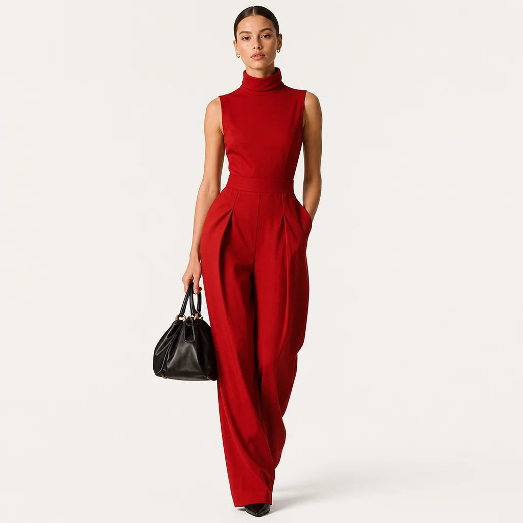 Women's Cotton-Linen Blend Jumpsuit | Elegant Sleeveless Turtleneck Wide-Leg Design 1