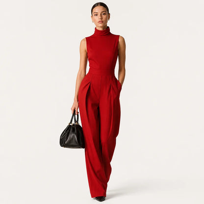 Women's Cotton-Linen Blend Jumpsuit | Elegant Sleeveless Turtleneck Wide-Leg Design 1