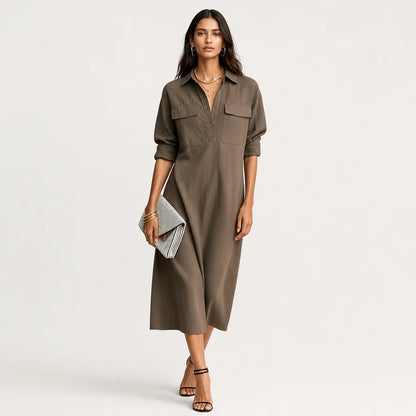 Women's Cotton-Linen Blend Midi Dress | Elegant Short-Sleeved Black Summer Dress 2