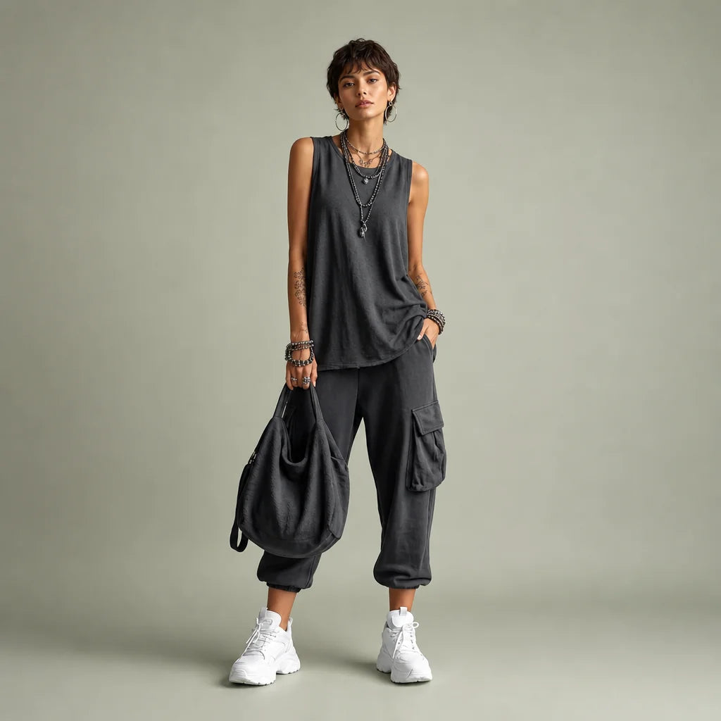 Women's Cotton Blend Casual Two Piece Set | Relaxed Sleeveless Top and Jogger Pants 0