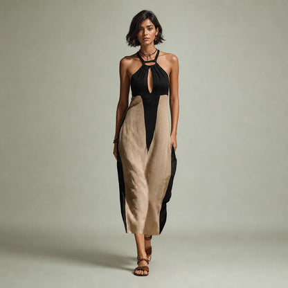 Women's Cotton Blend Midi Dress | Stylish Halter Neck Black Summer Dress 0