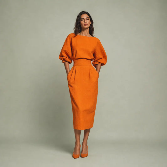 Women's Cotton Blend Two Piece Skirt Set | Stylish Orange Midi Skirt and Puffed Sleeve Top 0