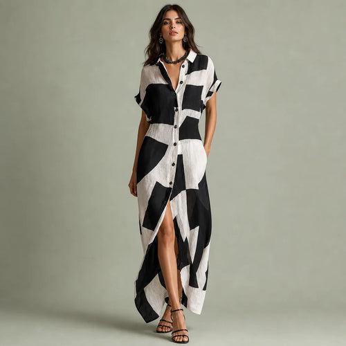 Women's Cotton Linen Blend Maxi Dress | Stylish Irregular Geometric Print Summer Dress 0