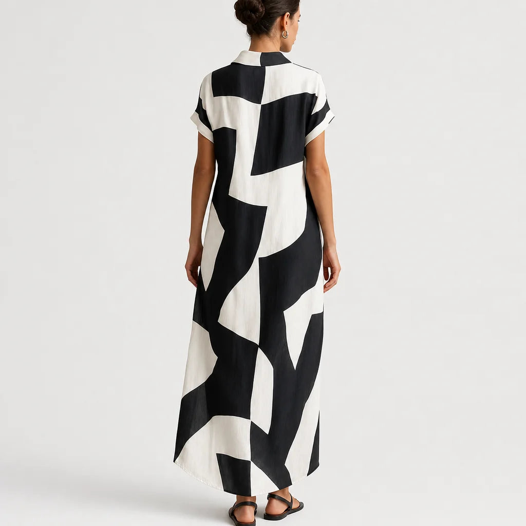 Women's Cotton Linen Blend Maxi Dress | Stylish Irregular Geometric Print Summer Dress 1