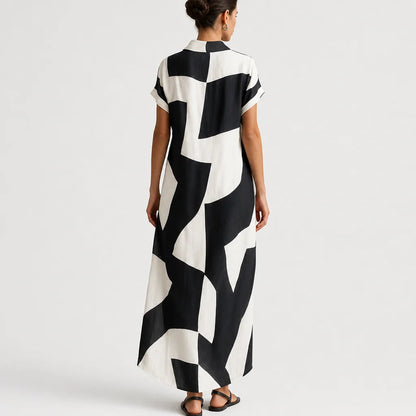Women's Cotton Linen Blend Maxi Dress | Stylish Irregular Geometric Print Summer Dress 1