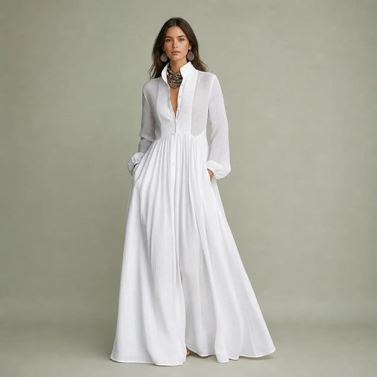 Women's Cotton Linen Maxi Dress | Elegant Long-Sleeve Spring & Autumn Gown 0