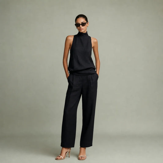 Women's Cotton Linen Two-Piece Set | Elegant Sleeveless Top and Matching Trousers 0