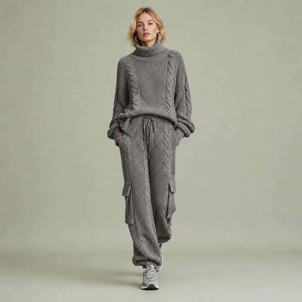 Women's Cozy Cable Knit Sweater Set | Relaxed Turtleneck and Cargo Pants | Stylish Two Piece Lounge Set 0