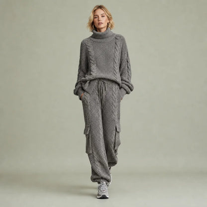 Women's Cozy Cable Knit Sweater Set | Relaxed Turtleneck and Cargo Pants | Stylish Two Piece Lounge Set 0