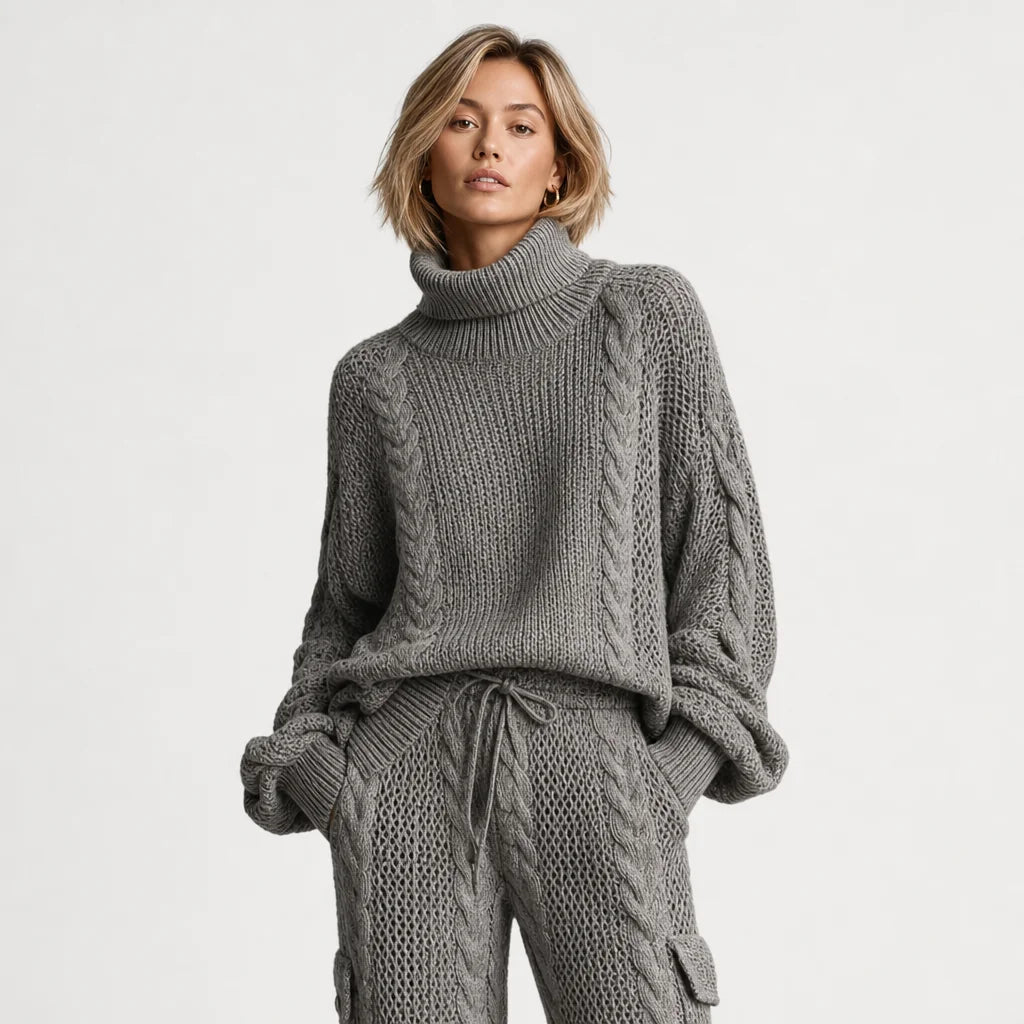 Women's Cozy Cable Knit Sweater Set | Relaxed Turtleneck and Cargo Pants | Stylish Two Piece Lounge Set 1