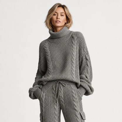 Women's Cozy Cable Knit Sweater Set | Relaxed Turtleneck and Cargo Pants | Stylish Two Piece Lounge Set 1