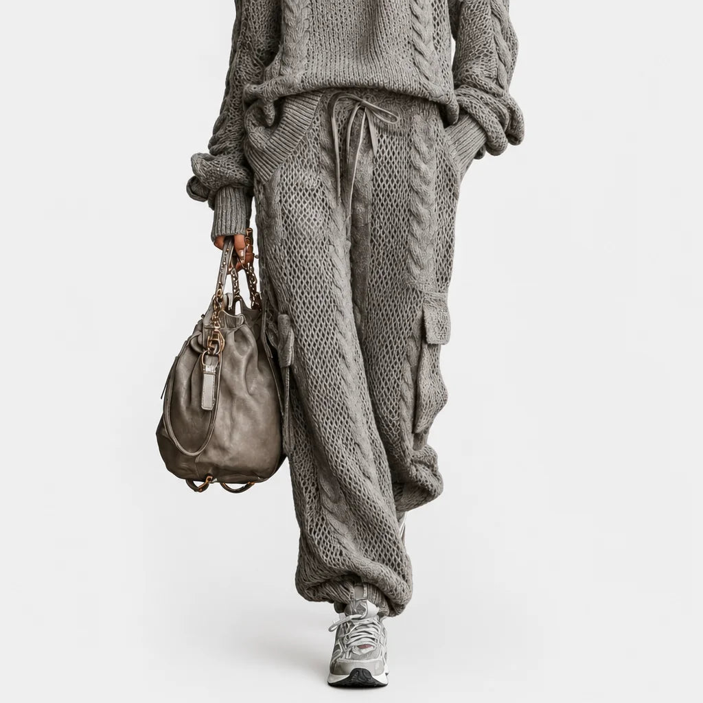 Women's Cozy Cable Knit Sweater Set | Relaxed Turtleneck and Cargo Pants | Stylish Two Piece Lounge Set 2