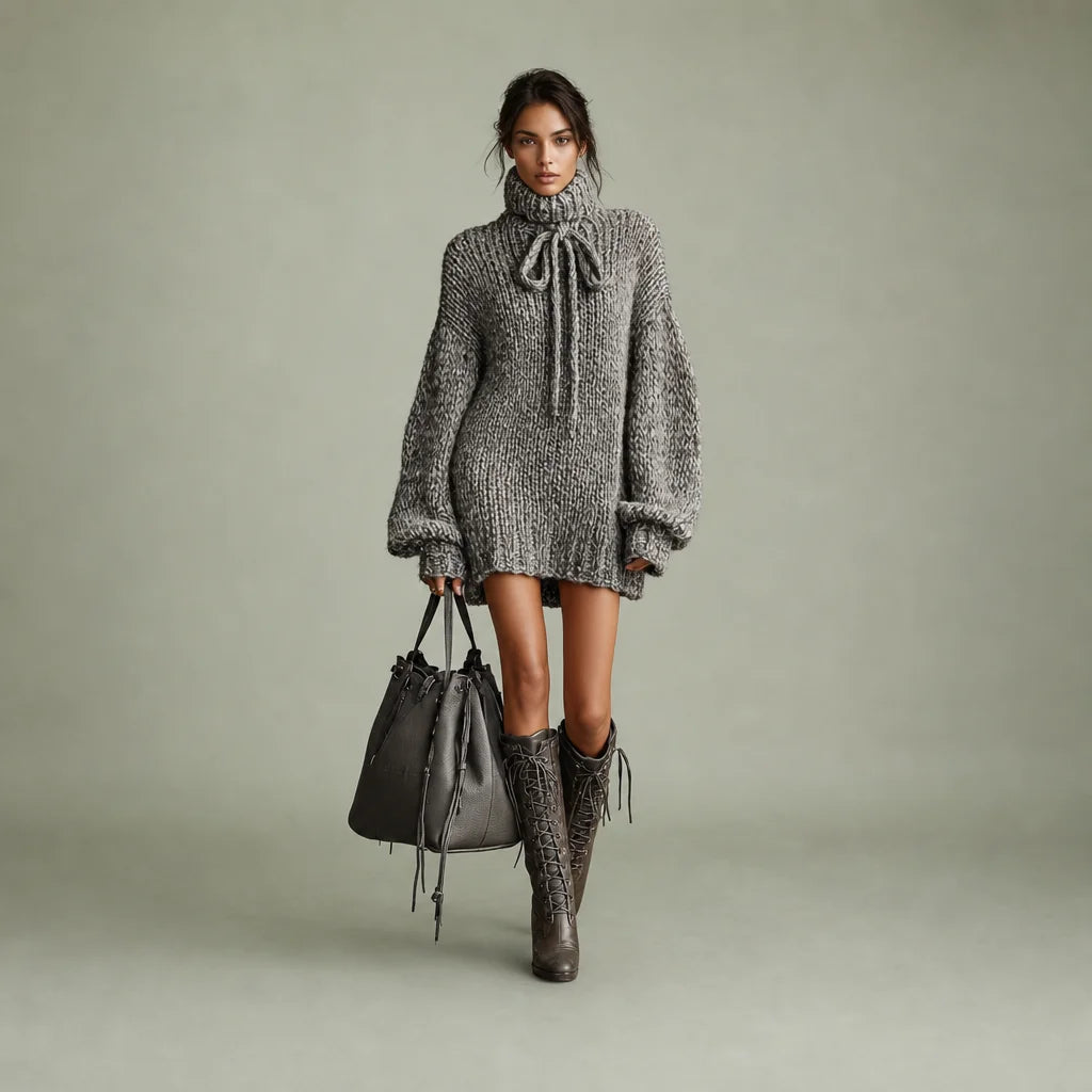 Women's Cozy Knit Mini Dress | Elegant High Neck Long Sleeve Sweater Dress 0