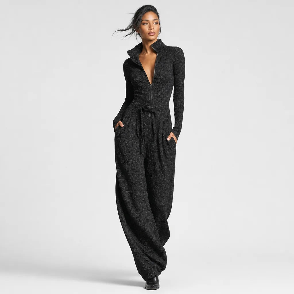 Women's Elegant Sparkling Knit Jumpsuit | Stylish Wide-Leg Zip Front Outfit 1