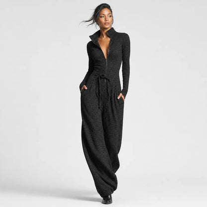 Women's Elegant Sparkling Knit Jumpsuit | Stylish Wide-Leg Zip Front Outfit 1