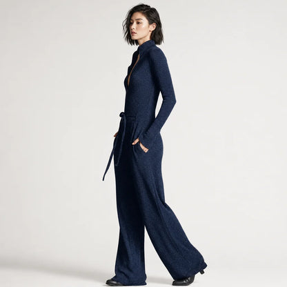 Women's Elegant Sparkling Knit Jumpsuit | Stylish Wide-Leg Zip Front Outfit 4