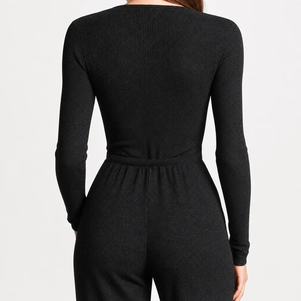 Women's Elegant Sparkling Knit Jumpsuit | Stylish Wide-Leg Zip Front Outfit 5