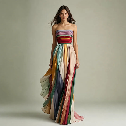 Women's Elegant Stripe Print Maxi Dress | Stylish Off-Shoulder Summer Dress 0