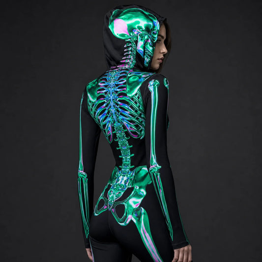 Women's Emerald Skeleton Hooded Costume | Sleek Spandex Halloween Outfit 0