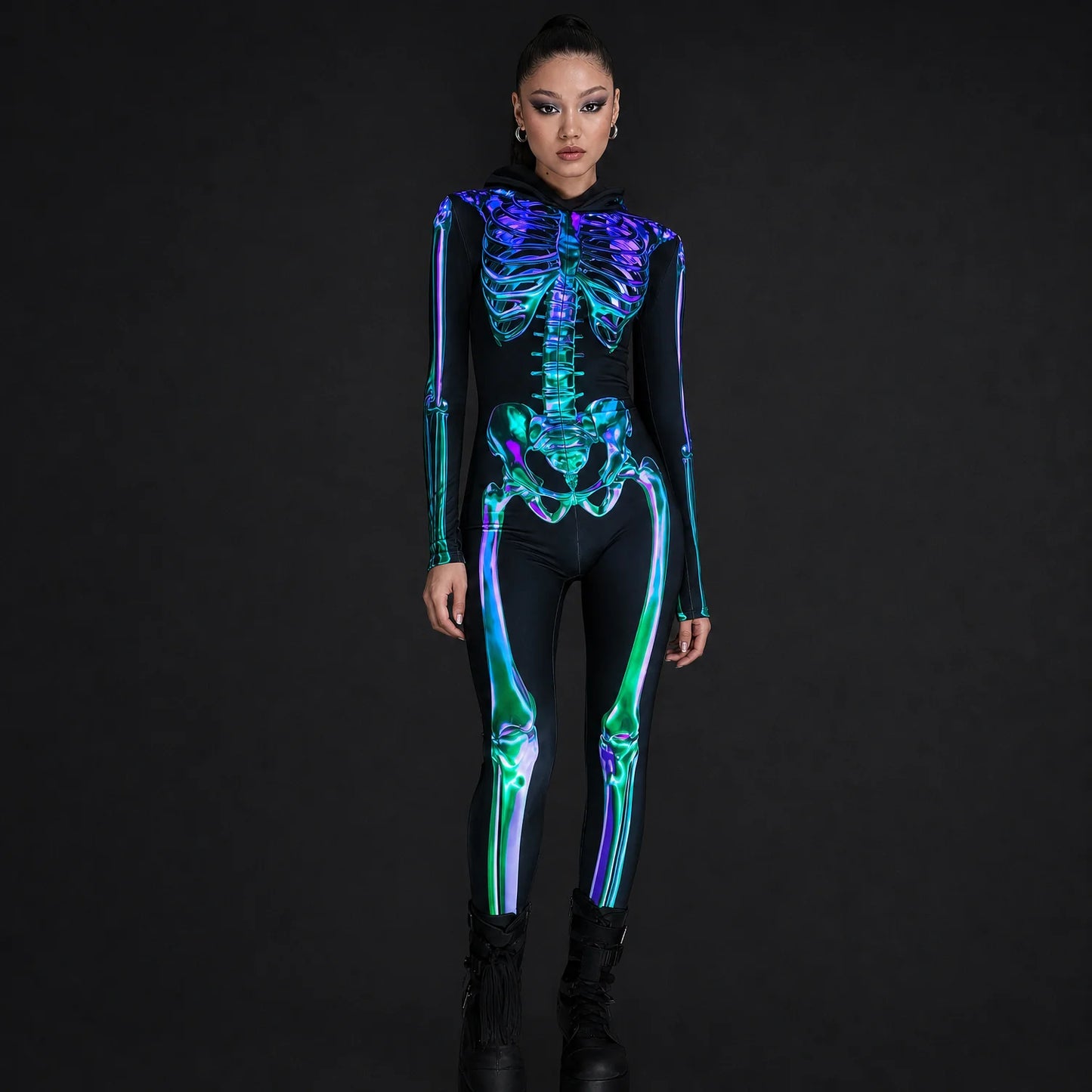 Women's Emerald Skeleton Hooded Costume | Sleek Spandex Halloween Outfit 1