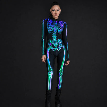 Women's Emerald Skeleton Hooded Costume | Sleek Spandex Halloween Outfit 1