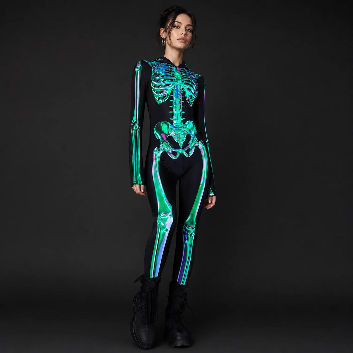 Women's Emerald Skeleton Hooded Costume | Sleek Spandex Halloween Outfit 3