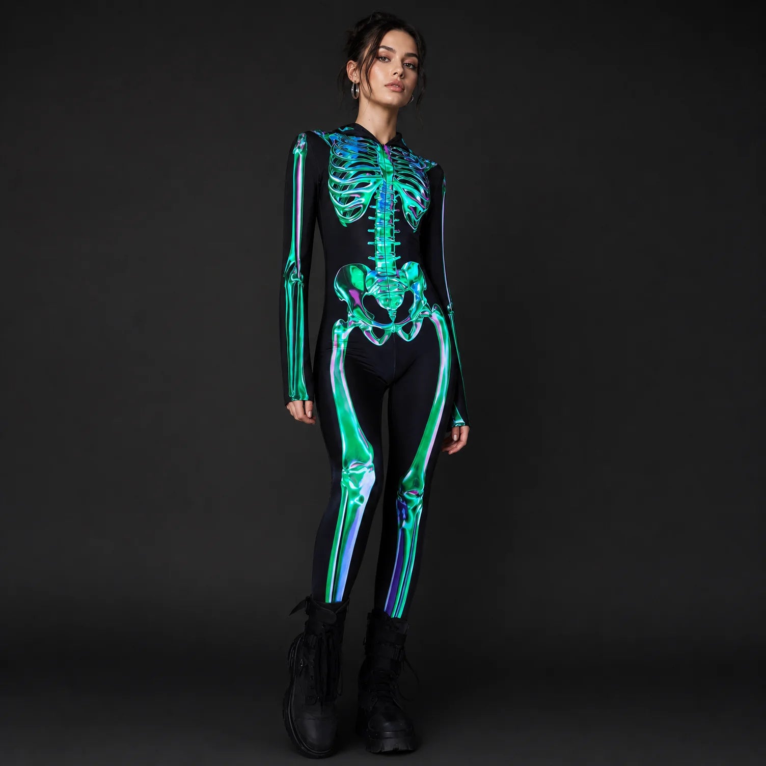 Women's Emerald Skeleton Hooded Costume | Sleek Spandex Halloween Outfit 3