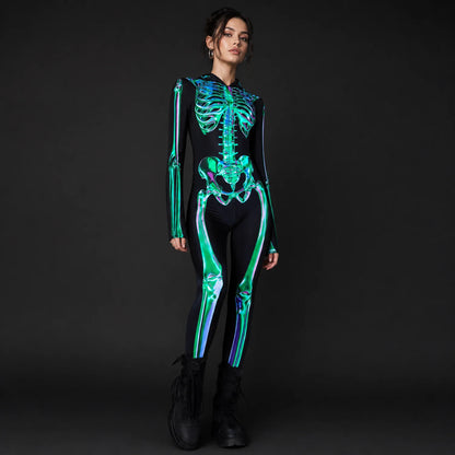 Women's Emerald Skeleton Hooded Costume | Sleek Spandex Halloween Outfit 3