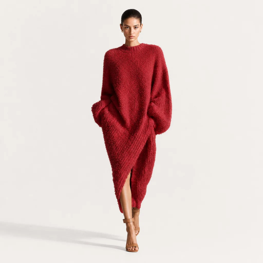 Women's Faux Mink Knit Midi Dress | Cozy Asymmetric Slit Elegant Outfit 6