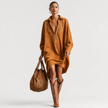 Women's Faux Suede Midi Dress | Elegant Embroidered Long-Sleeve V-Neck Dress 2