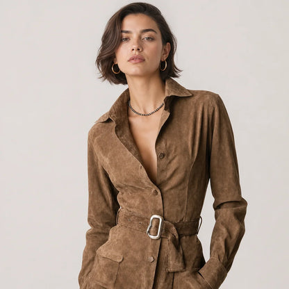 Women's Faux Suede Midi Dress | Elegant Long Sleeve Formal Outfit 1