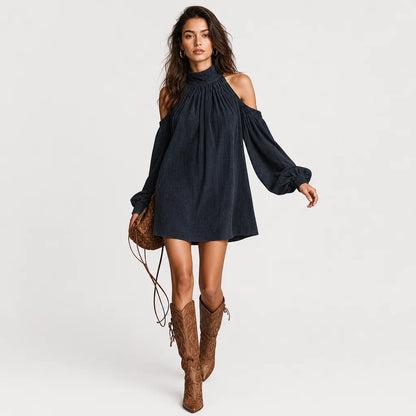 Women's Faux Suede Mini Dress | Elegant Halter Neck with Trendy Lantern Sleeves 2