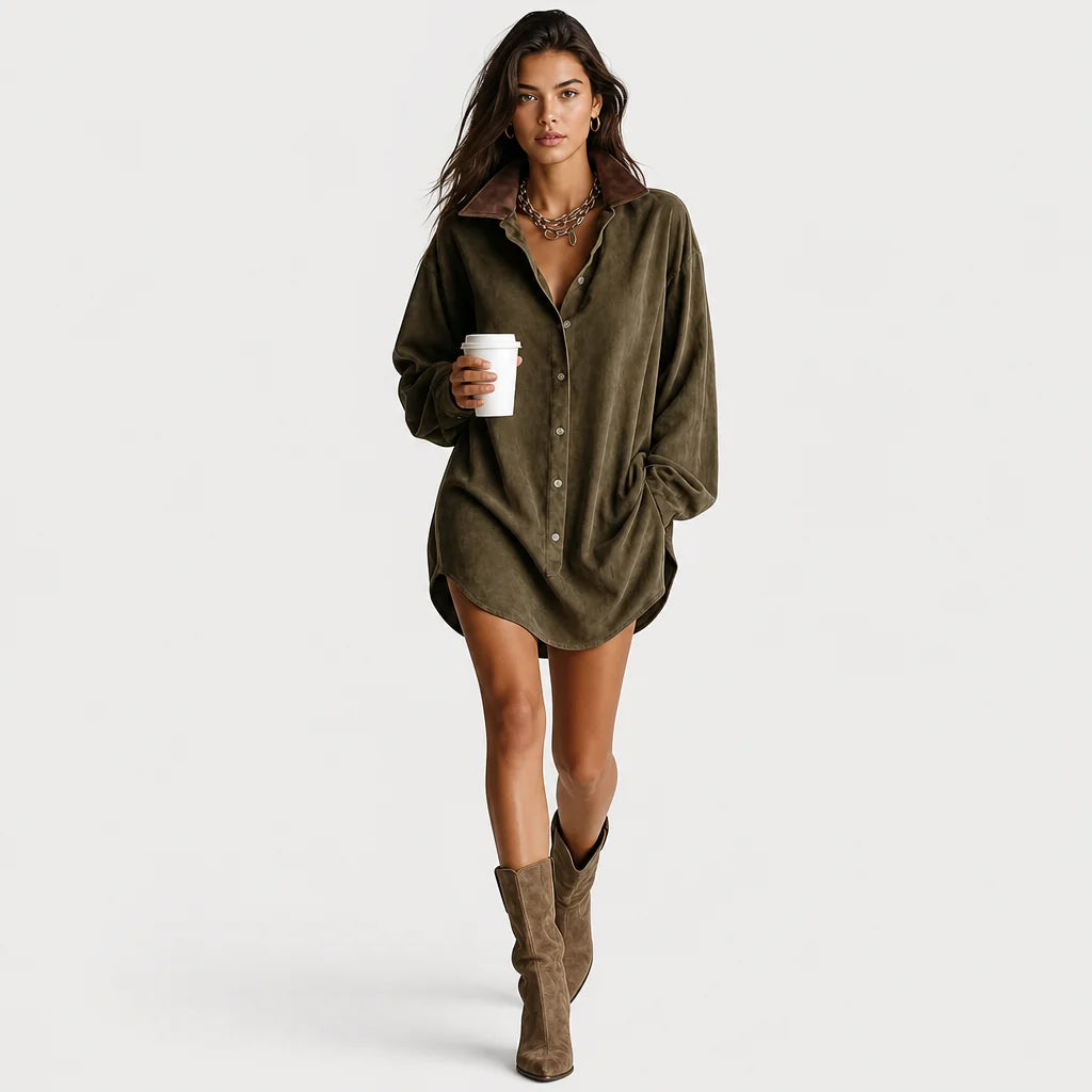 Women's Faux Suede Mini Dress | Stylish Loose Fit with Leather Lapel 2