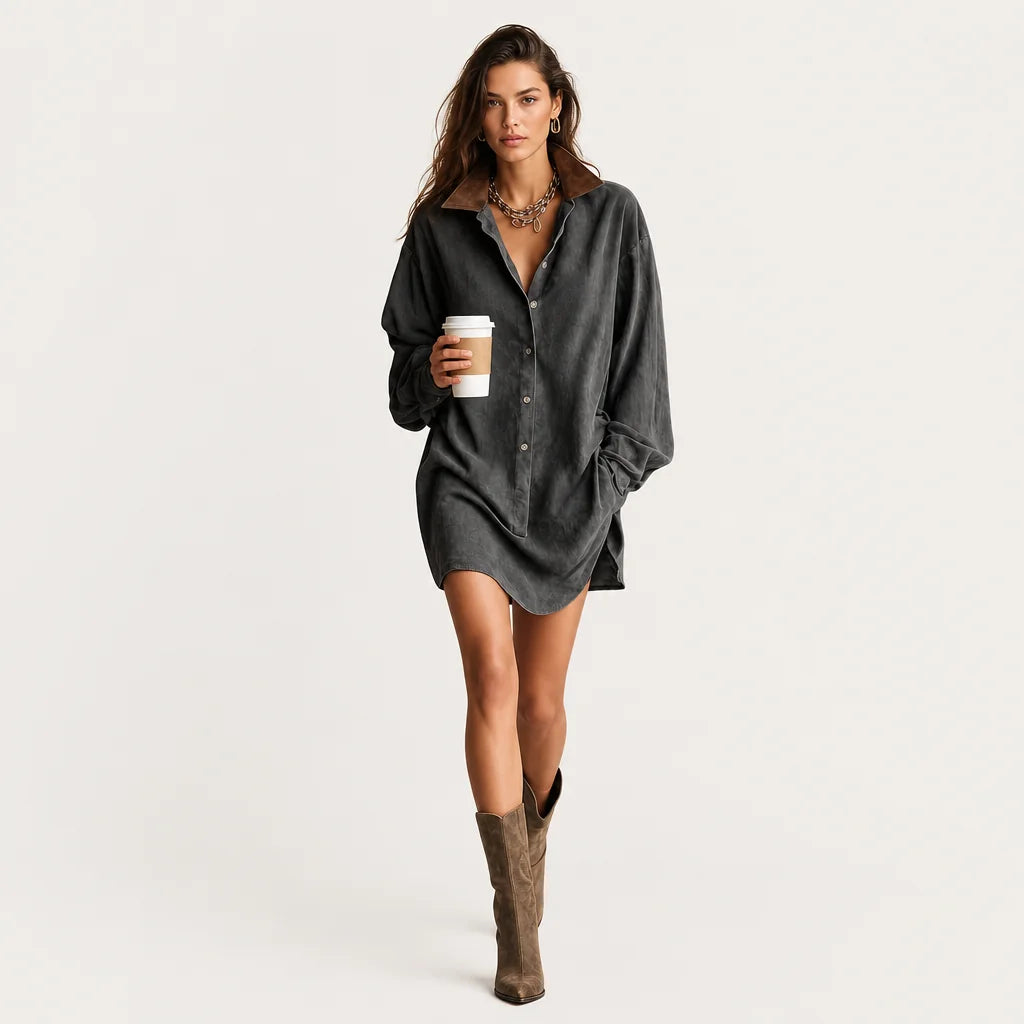 Women's Faux Suede Mini Dress | Stylish Loose Fit with Leather Lapel 5